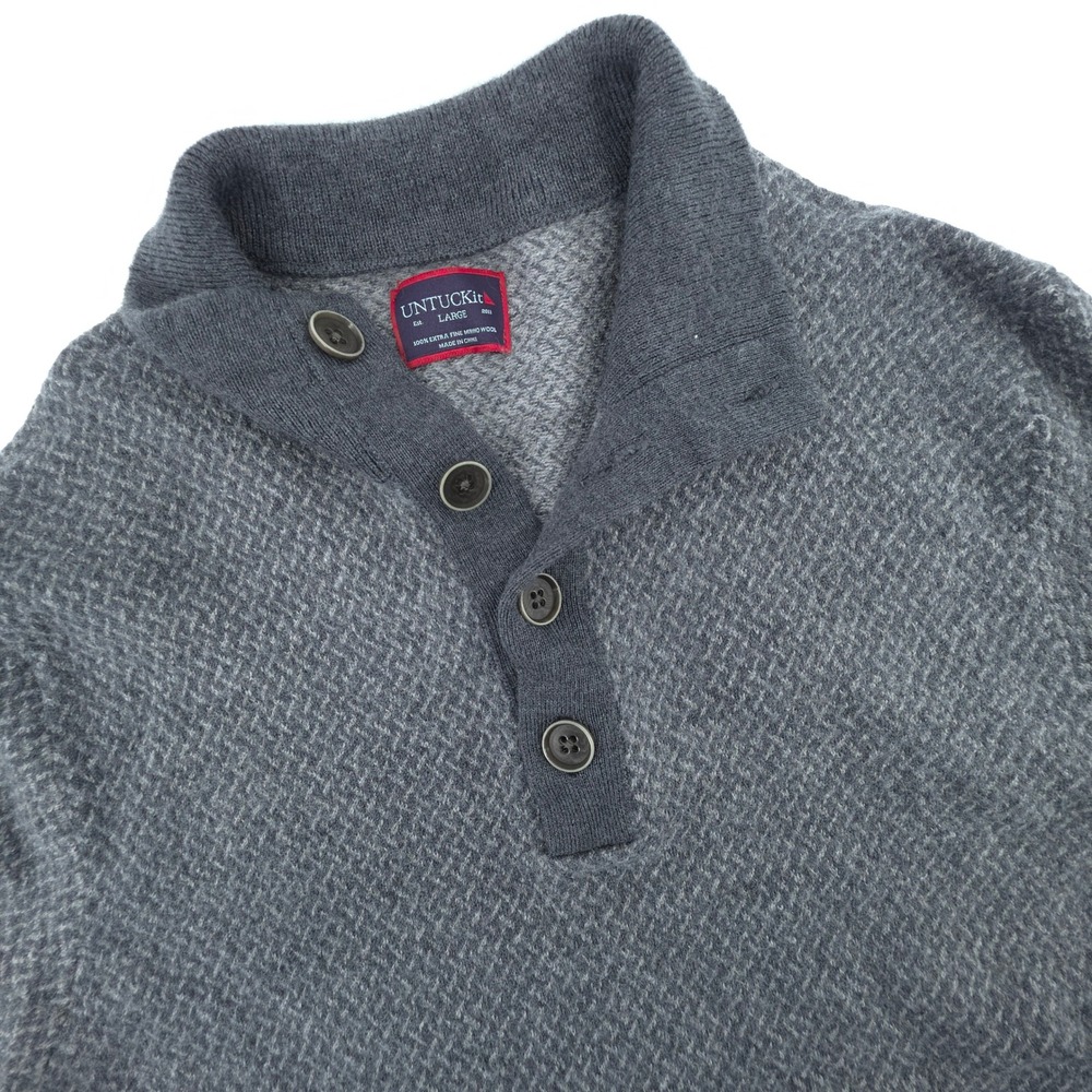 UNTUCKit Sweater Henley Mens‎ L Gray Merino Wool Knit Button Collar Pullover